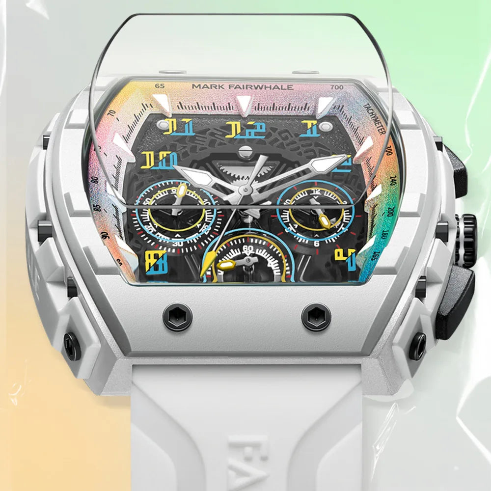 Close-up of Mark Fairwhale TONIXA tonneau watch with scratch-resistant curved glass display