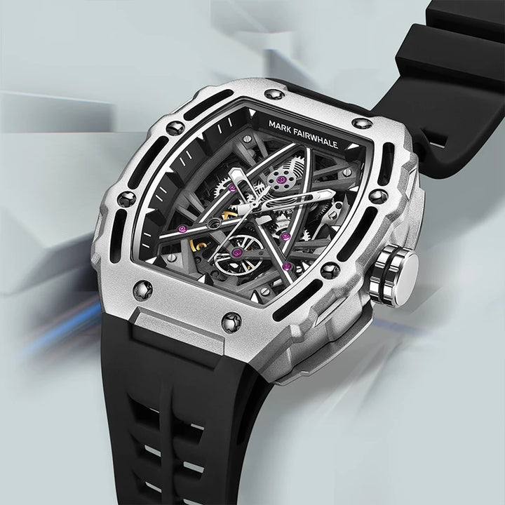 Close-up of Mark Fairwhale FW-6650 TRIONATO skeleton dial in silver stainless steel case.