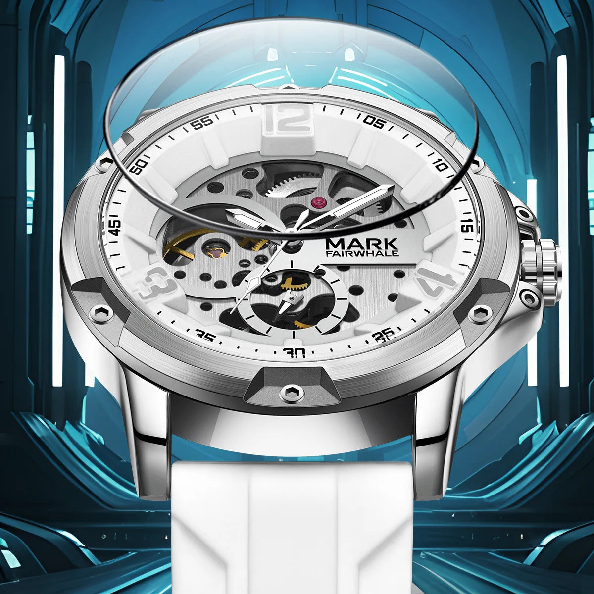 Close-up of Mark Fairwhale TURBIX skeleton watch highlighting its scratch-resistant coated glass and tourbillon-style movement.