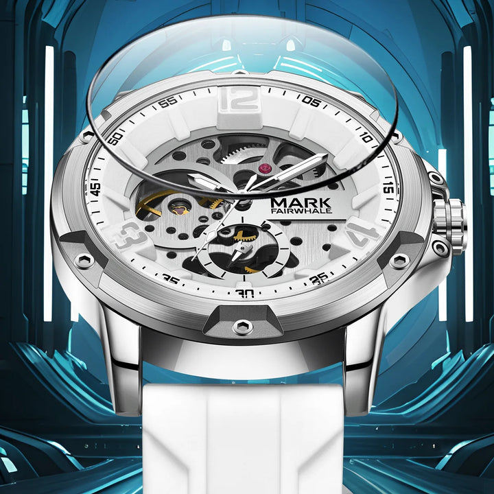 Close-up of Mark Fairwhale TURBIX skeleton watch highlighting its scratch-resistant coated glass and tourbillon-style movement.