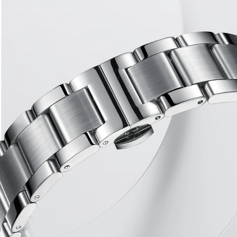 Close-up of Mark Fairwhale VELTOSKEL stainless steel strap, durable and polished design