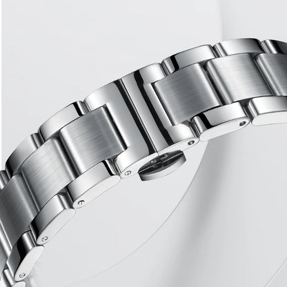 Close-up of Mark Fairwhale VELTOSKEL stainless steel strap, durable and polished design
