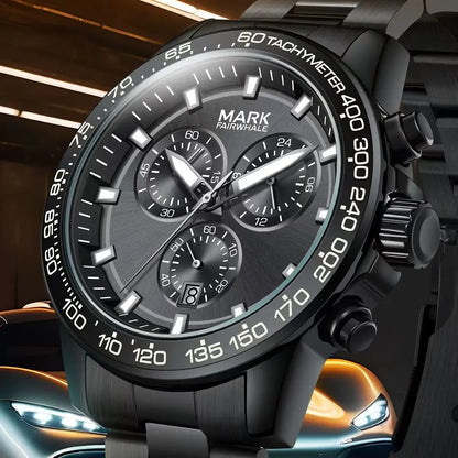 Close-up of NOVEXA chronograph dial with tachymeter scale and sub-dials.