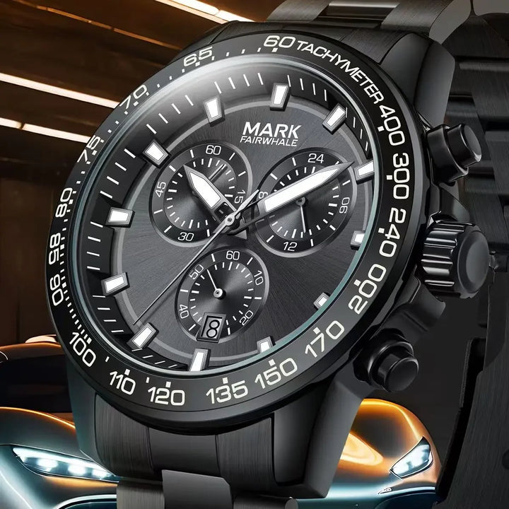 Close-up of NOVEXA chronograph dial with tachymeter scale and sub-dials.
