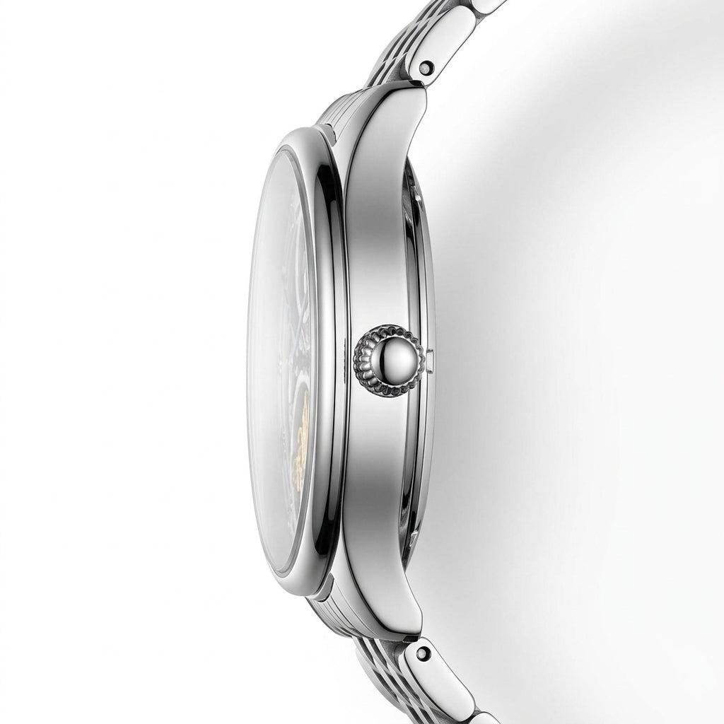 Close-up of a silver watch on a white background