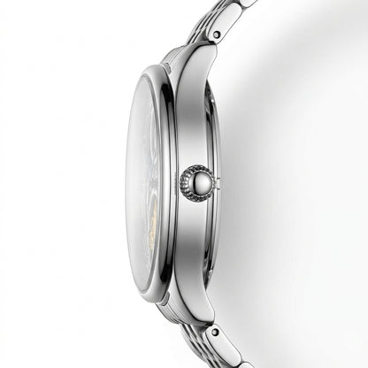 Close-up of a silver watch on a white background