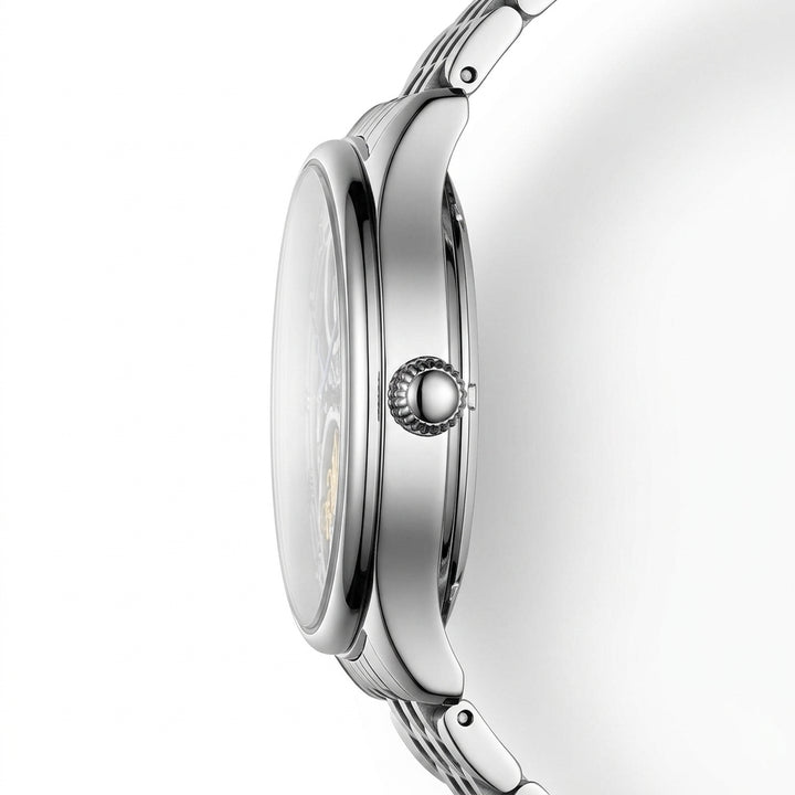 Close-up of a silver watch on a white background