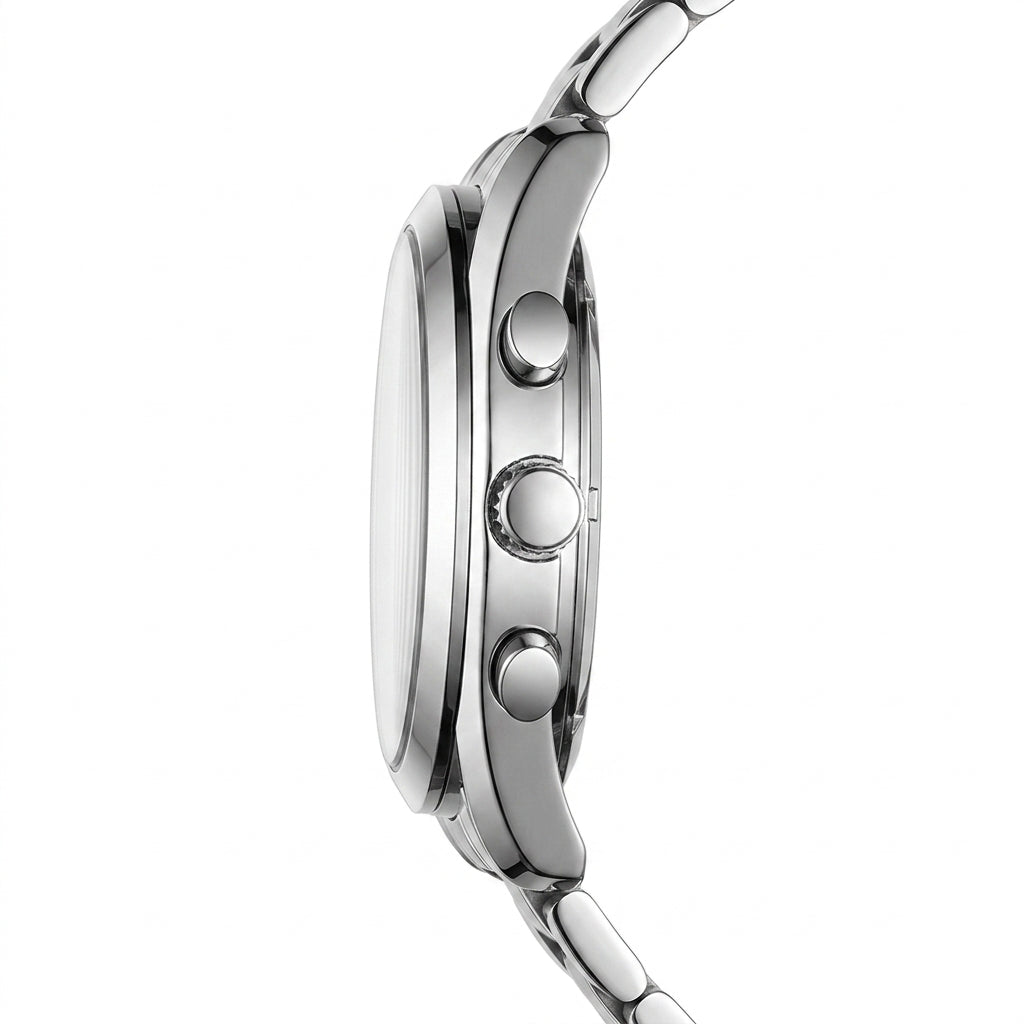 Close-up of a silver watch with a white background