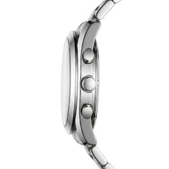 Close-up of a silver watch with a white background