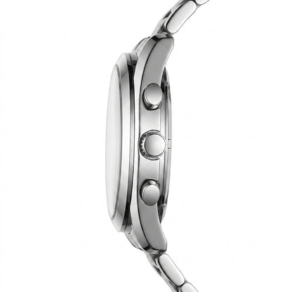 Close-up of a silver watch with a white background