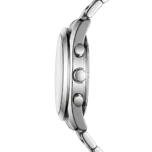 Close-up of a silver watch with a white background