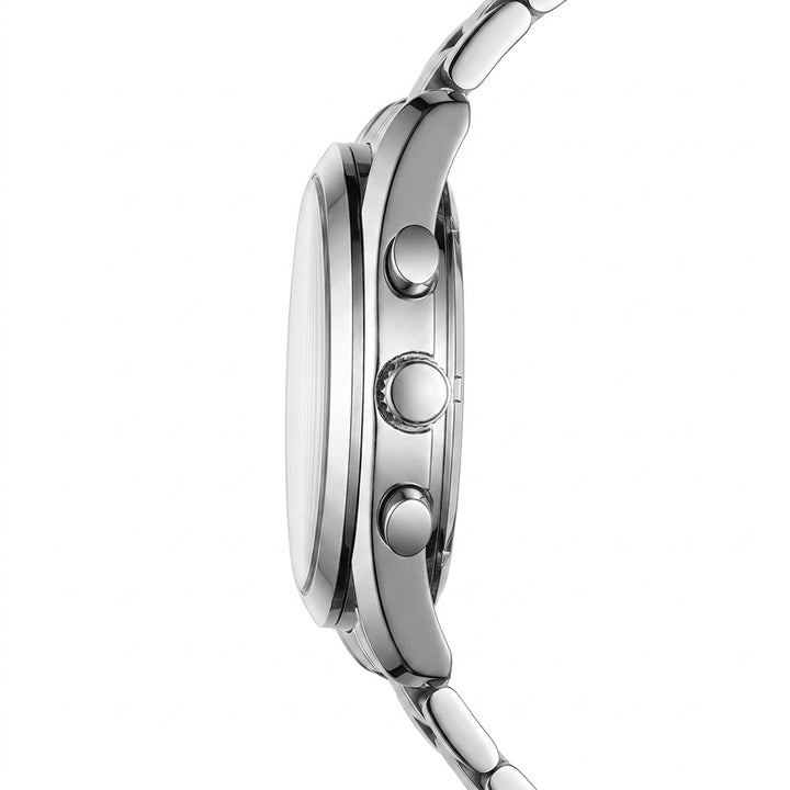 Close-up of a silver watch with a white background
