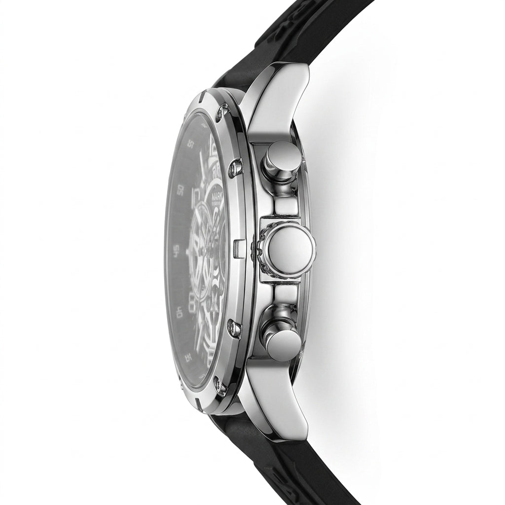 Close-up of a watch with a black strap and silver case on a white background