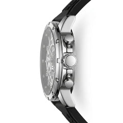 Close-up of a watch with a black strap and silver case on a white background