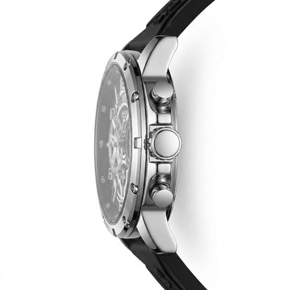 Close-up of a watch with a black strap and silver case on a white background