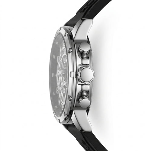 Close-up of a watch with a black strap and silver case on a white background