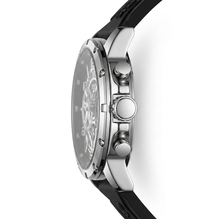 Close-up of a watch with a black strap and silver case on a white background