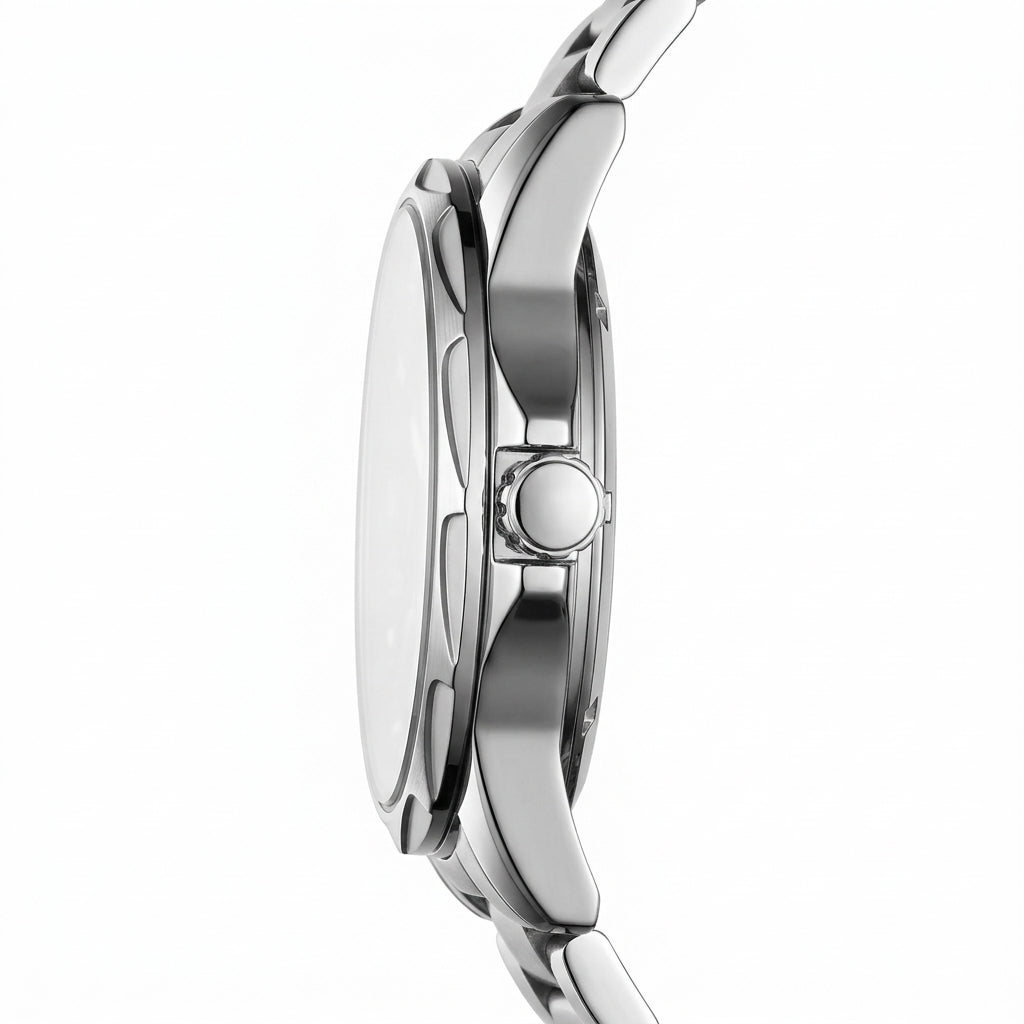 Close-up of a silver watch with a white background