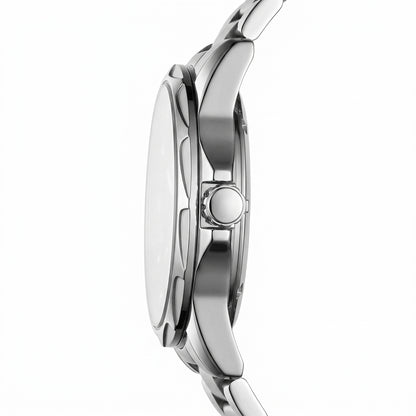 Close-up of a silver watch with a white background