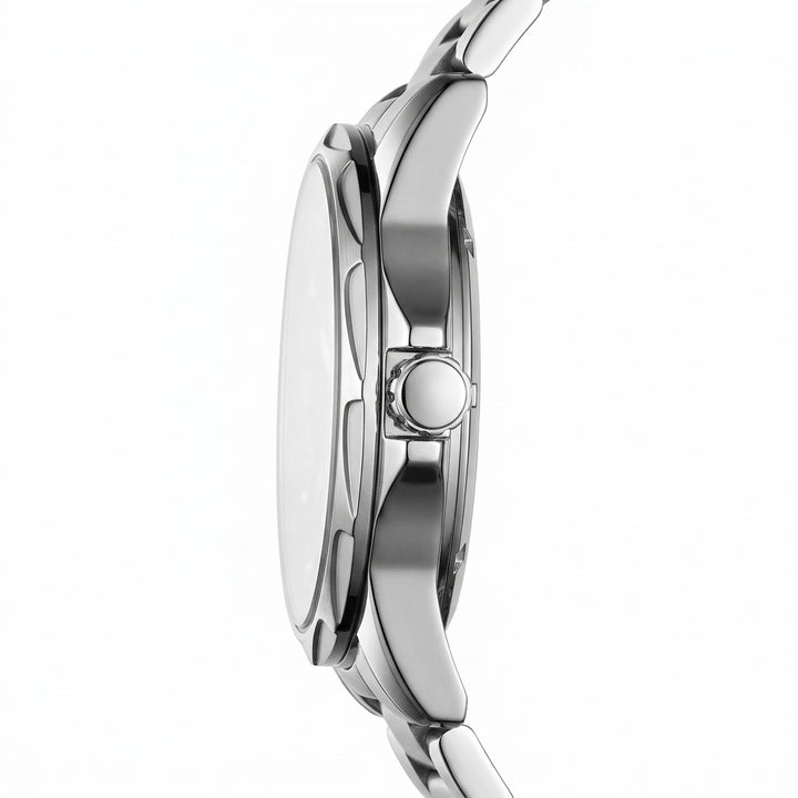Close-up of a silver watch with a white background