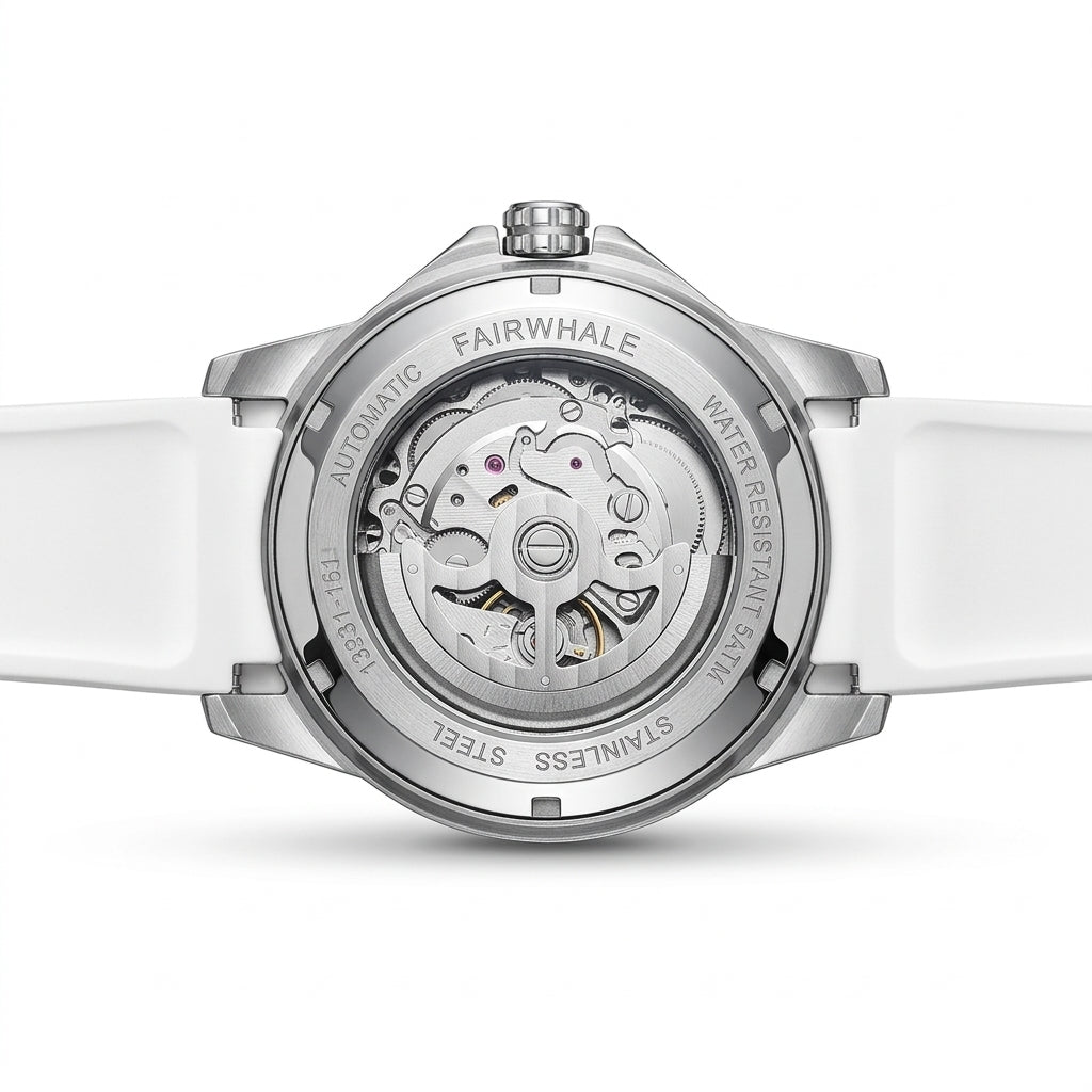 Close-up of a Fairwhale watch with visible mechanical components on a white background