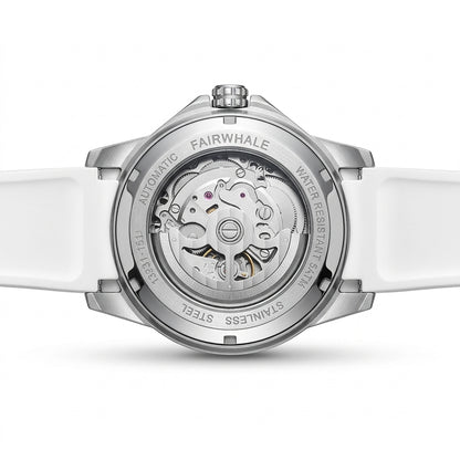 Close-up of a Fairwhale watch with visible mechanical components on a white background