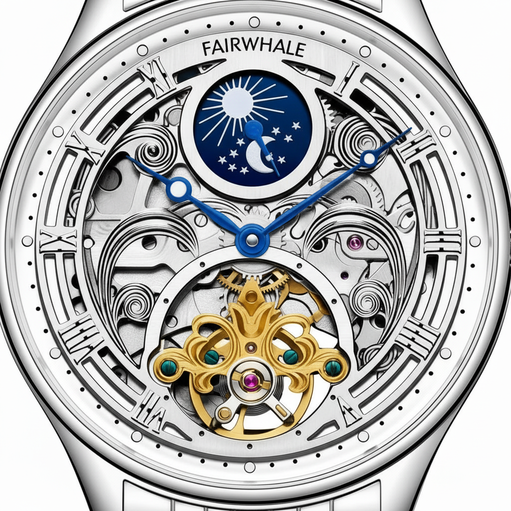 Close-up of a Fairwhale watch with intricate design and visible mechanism.