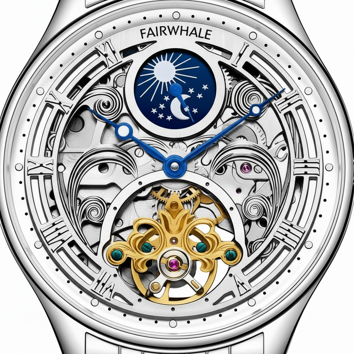Close-up of a Fairwhale watch with intricate design and visible mechanism.