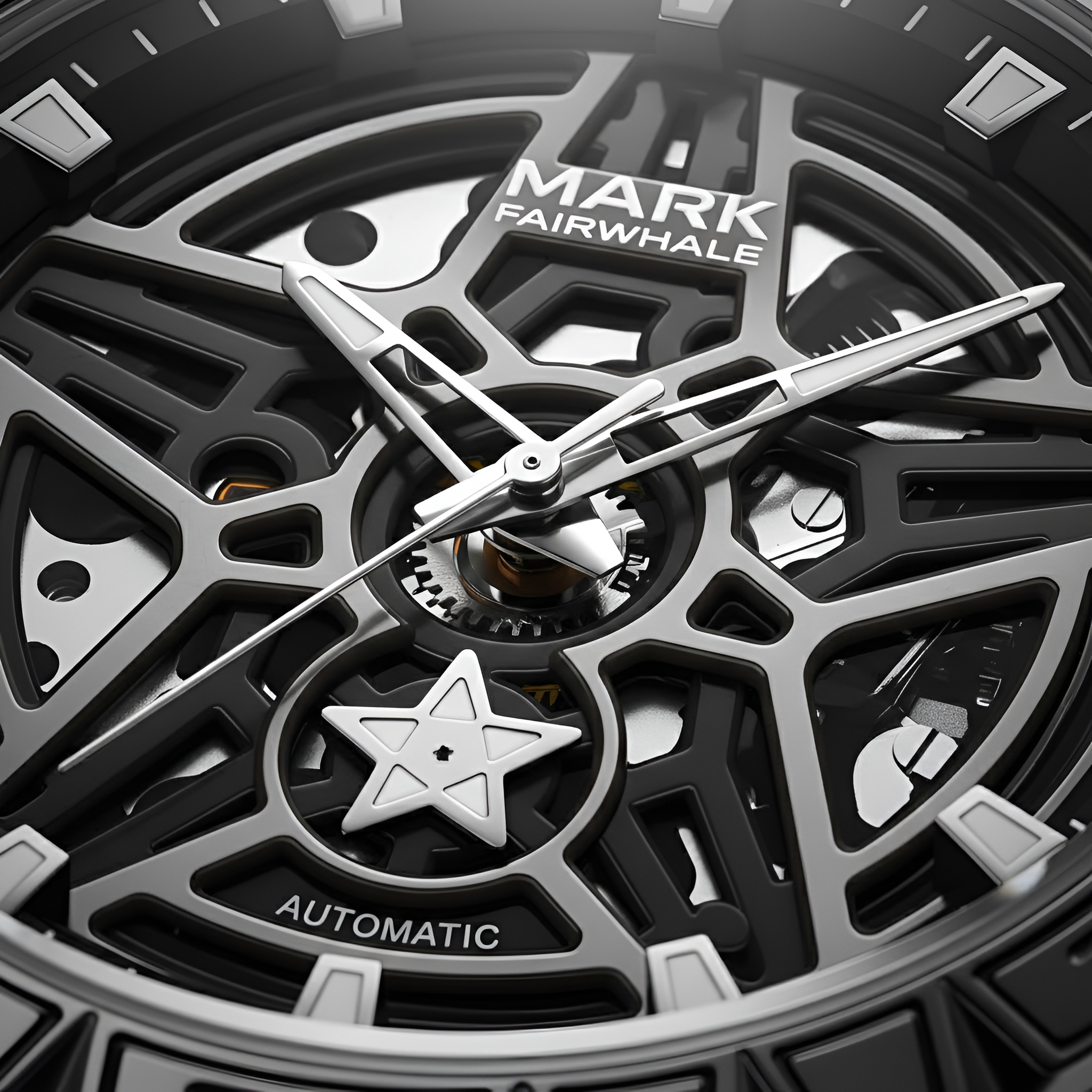 Close-up of a Mark Fairwhale watch with intricate design and visible brand name.
