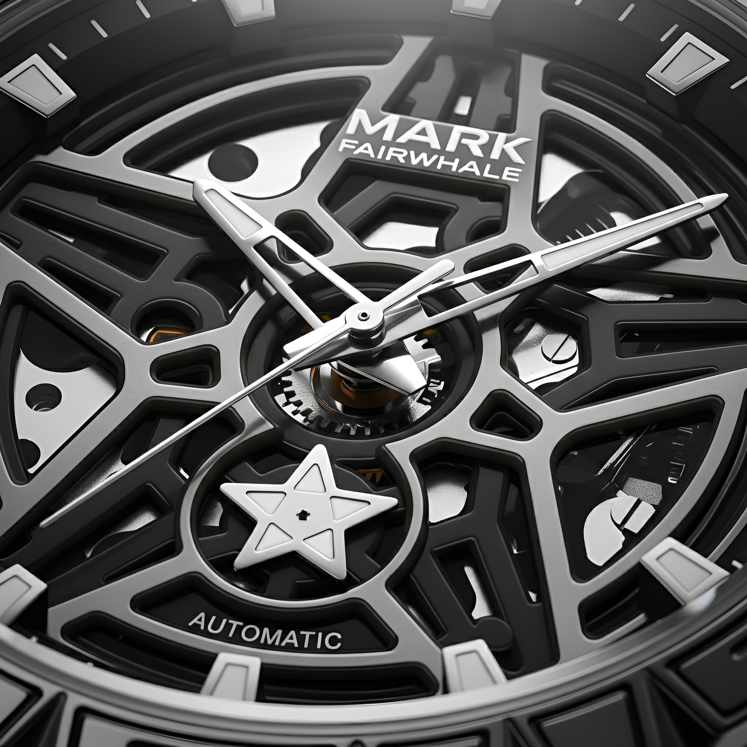 Close-up of a Mark Fairwhale watch with intricate design and visible brand name.