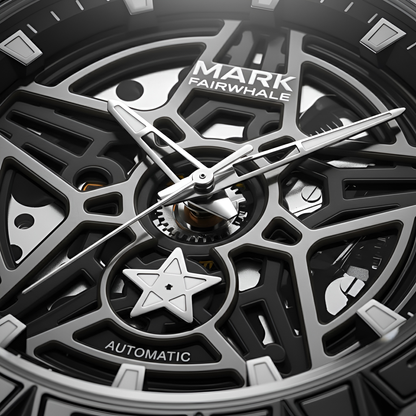 Close-up of a Mark Fairwhale watch with intricate design and visible brand name.