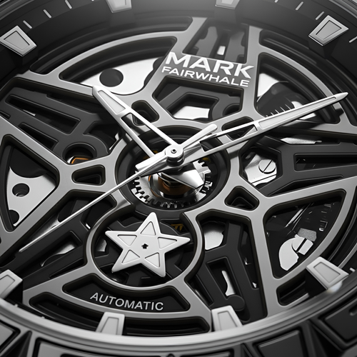 Close-up of a Mark Fairwhale watch with intricate design and visible brand name.