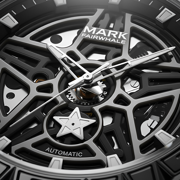 Close-up of a Mark Fairwhale watch with intricate design and visible brand name.