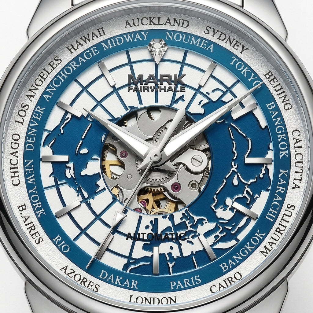 Close-up of a Mark Fairwhale automatic world watch dial with a silver-tone case, blue and silver globe map design, and city names around the outer ring.