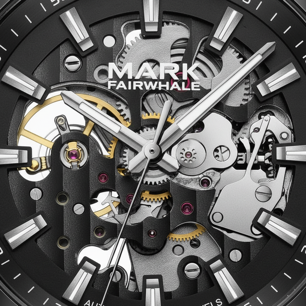 Close-up of a Mark Fairwhale mechanical watch with visible gears and components.