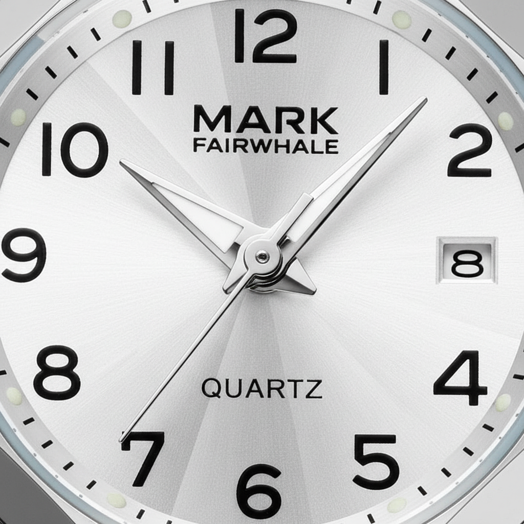 Close-up of a Mark Fairwhale watch face with black numbers and hands on a white background.