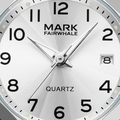 Close-up of a Mark Fairwhale watch face with black numbers and hands on a white background.