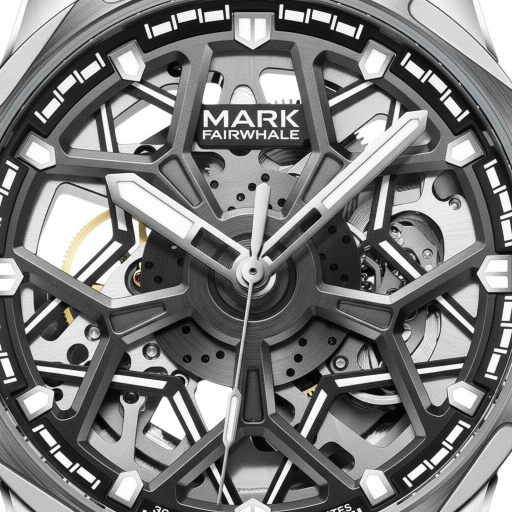 Close-up of a Mark Fairwhale watch with intricate design and visible brand name.