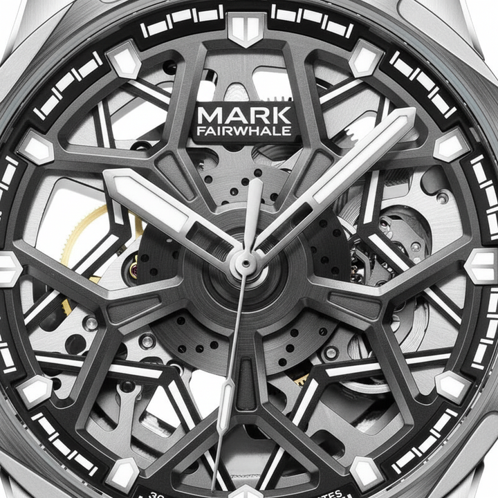 Close-up of a Mark Fairwhale watch with intricate design and visible brand name.