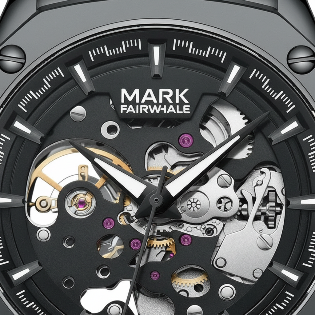 Close-up of a Mark Fairwhale watch with visible mechanical components