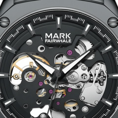 Close-up of a Mark Fairwhale watch with visible mechanical components