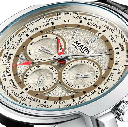 Close-up of a Mark Fairwhale watch with world time display