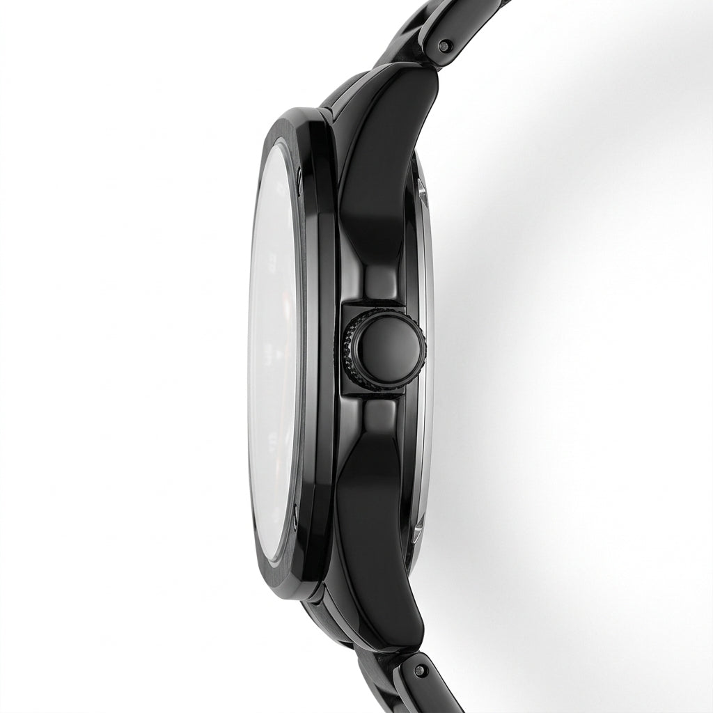 Close-up of a black watch with a white face on a white background