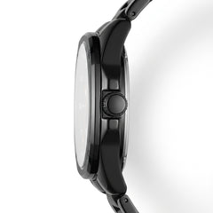 Close-up of a black watch with a white face on a white background