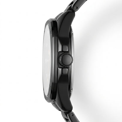 Close-up of a black watch with a white face on a white background