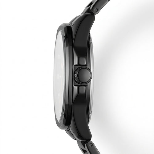 Close-up of a black watch with a white face on a white background