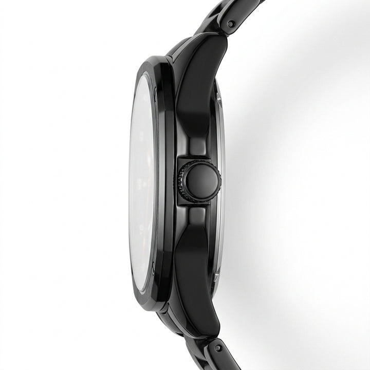 Close-up of a black watch with a white face on a white background