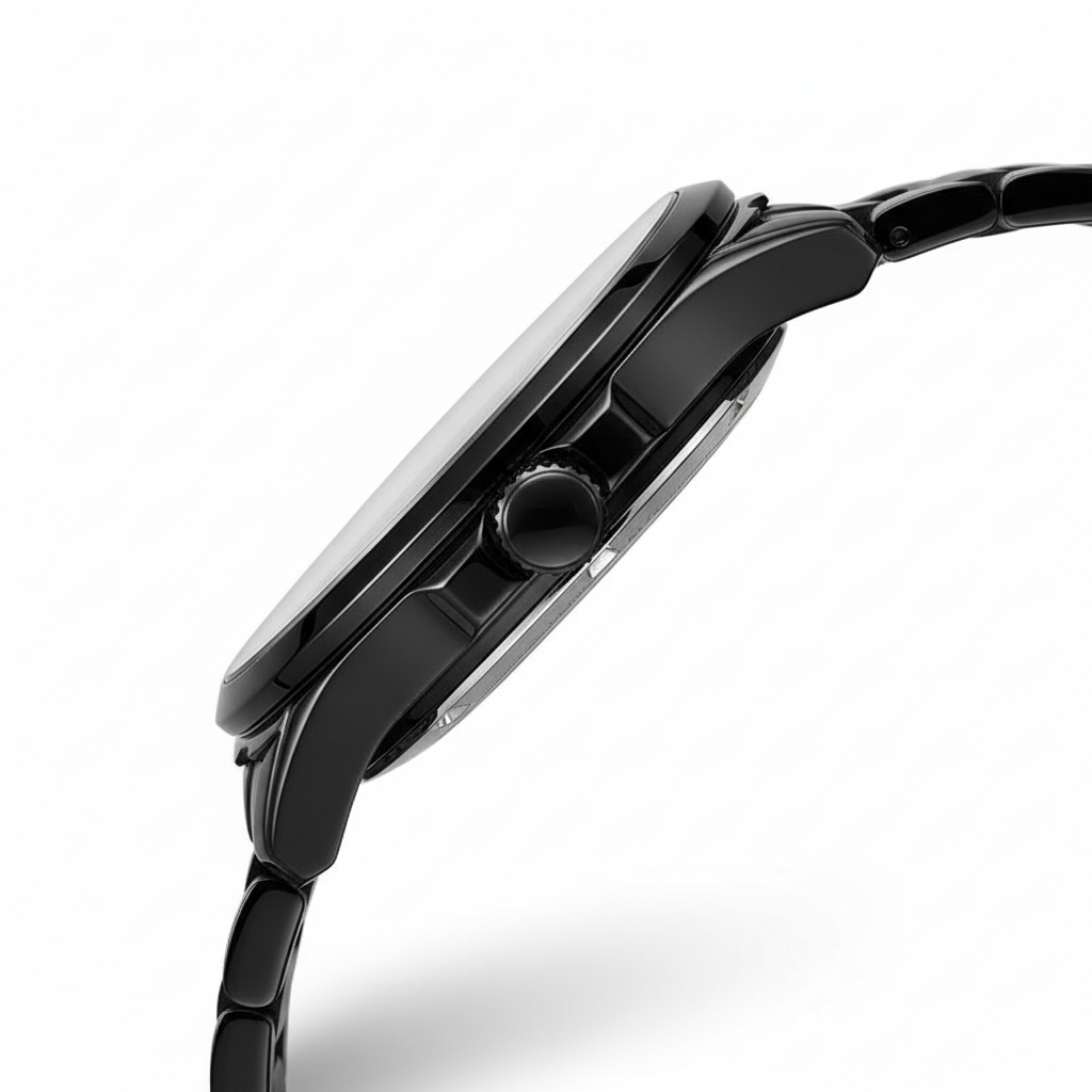 Close-up of a black smartwatch on a white background