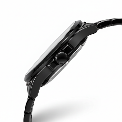 Close-up of a black smartwatch on a white background