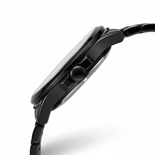 Close-up of a black smartwatch on a white background